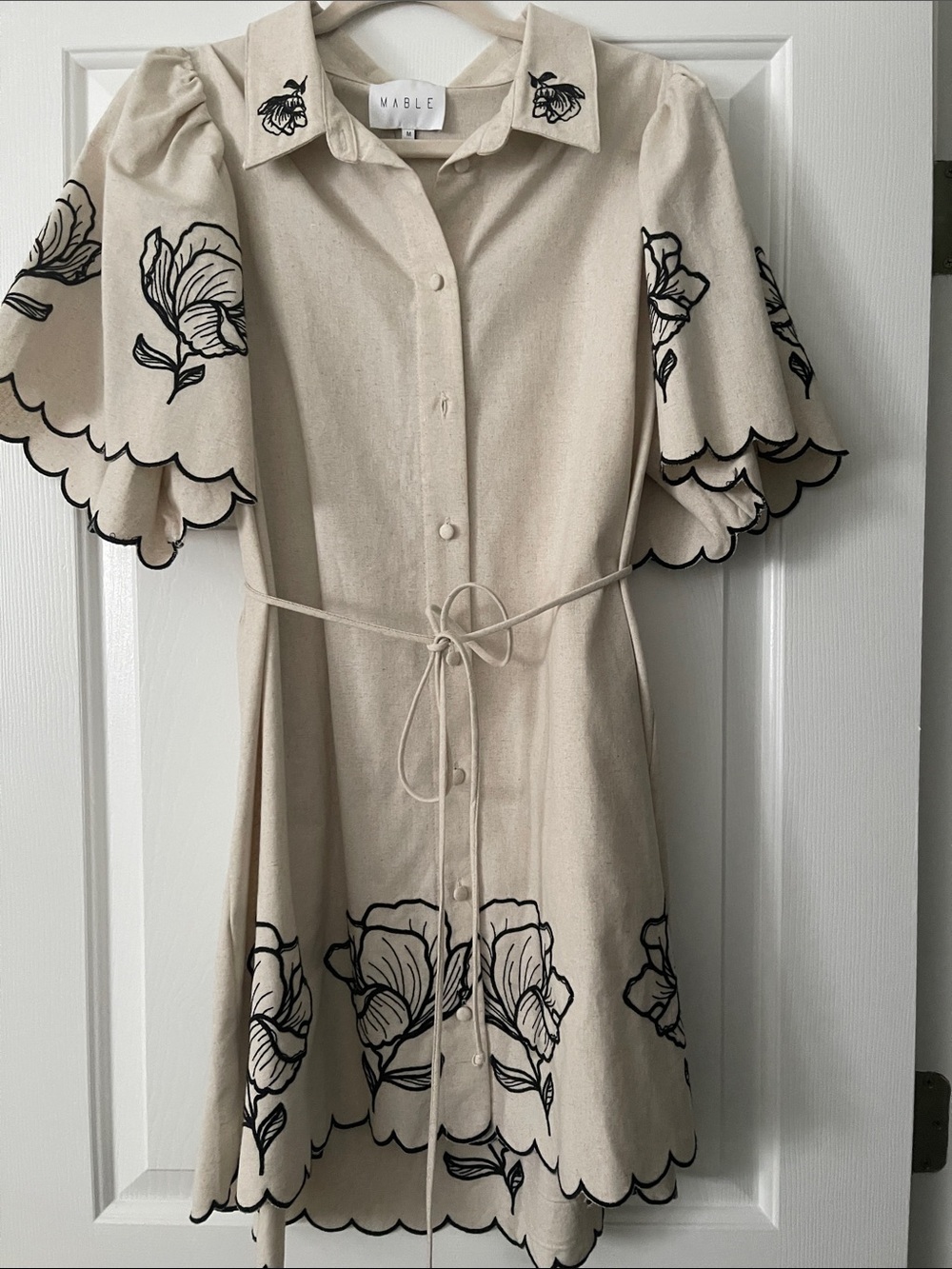 MARBLE flax color Dress with Black Floral Embroidery